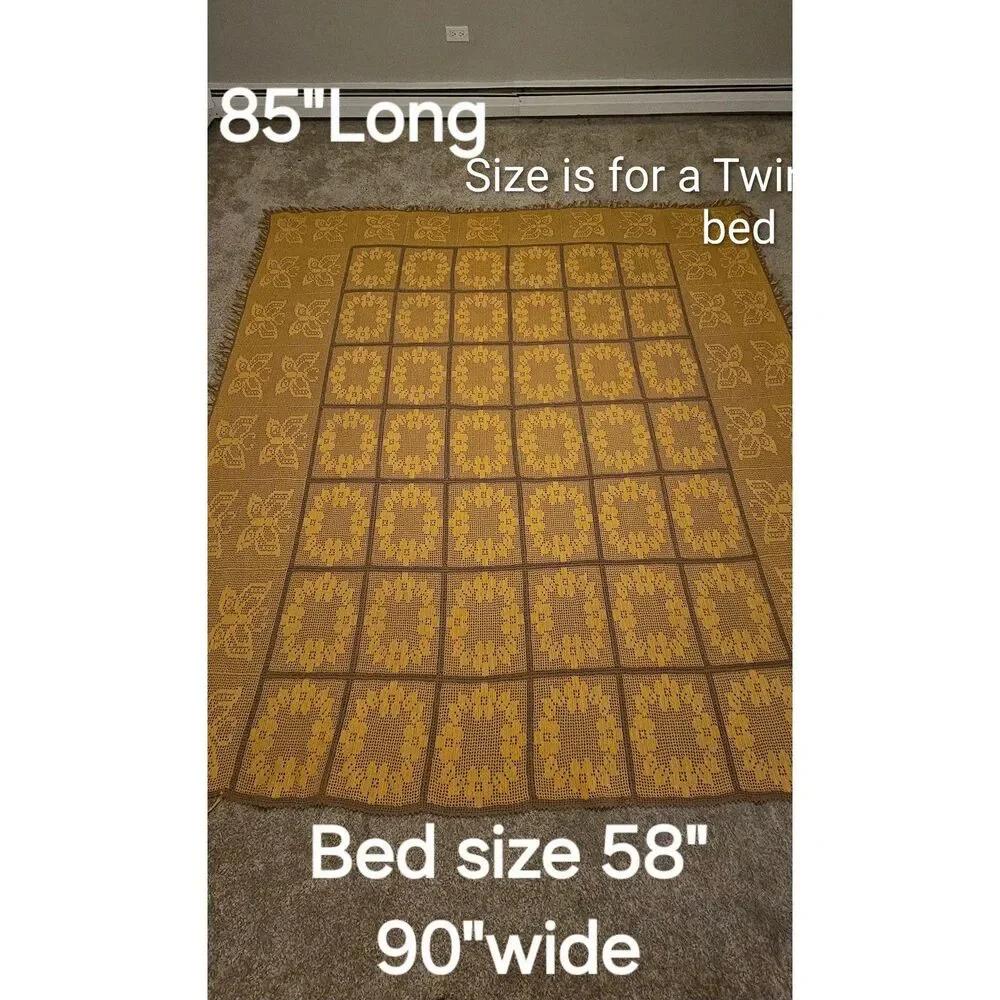 Vintage Hand Crocheted Gold Brown Floral Butterfly Twin Bedspread 85x90